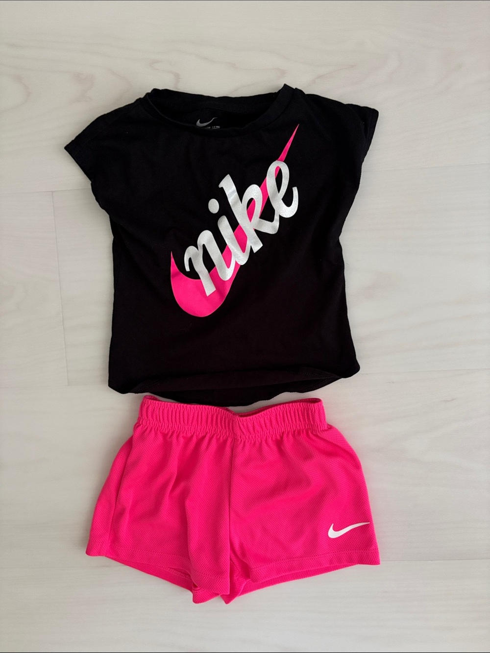 Nike Black Crop Tee with Bright Pink Logo & Matching Pink Shorts, 4T